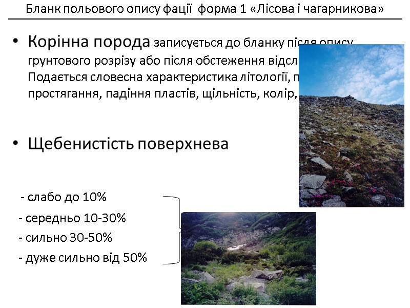 Корінна порода записується до бланку після опису грунтового розрізу або після обстеження відслонення. Подається